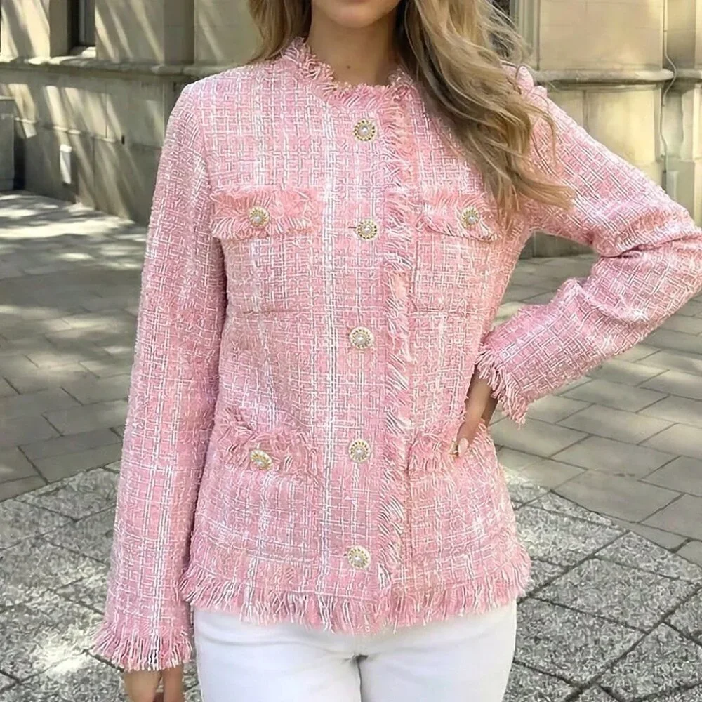 Pink Elegant Women's Tassel Fitted Jacket - Picture 9 of 10